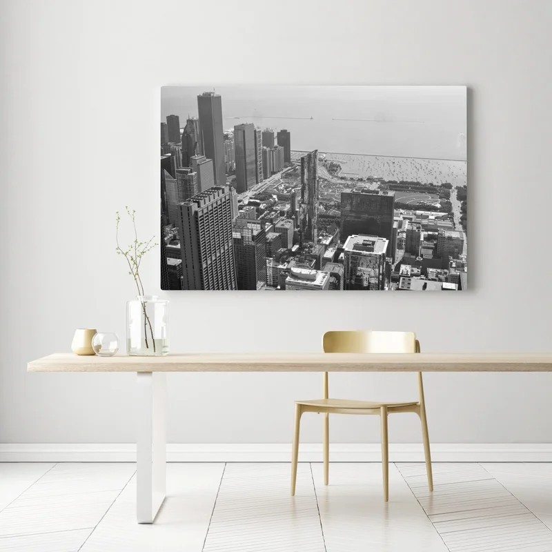 Leinwandbild schwarzweißes stadtpanorama am ufer Leinwandbild schwarzweißes stadtpanorama am ufer