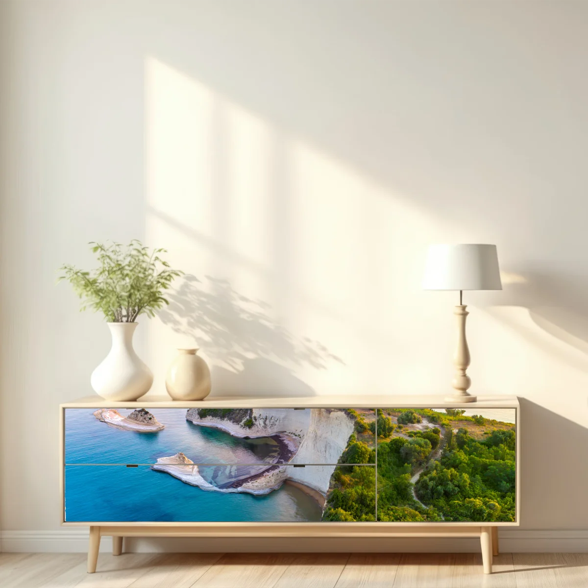 Repositionierbarer Aufkleber luftaufnahme von klippen und türkisfarbenem meer Repositionierbarer Aufkleber luftaufnahme von klippen und türkisfarbenem meer