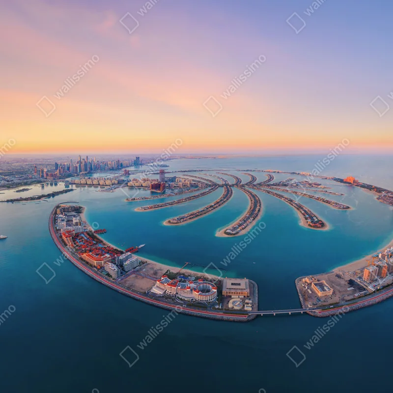 Repositionierbarer Aufkleber sonnenuntergang über Palm Jumeirah luftaufnahme Repositionierbarer Aufkleber sonnenuntergang über Palm Jumeirah luftaufnahme