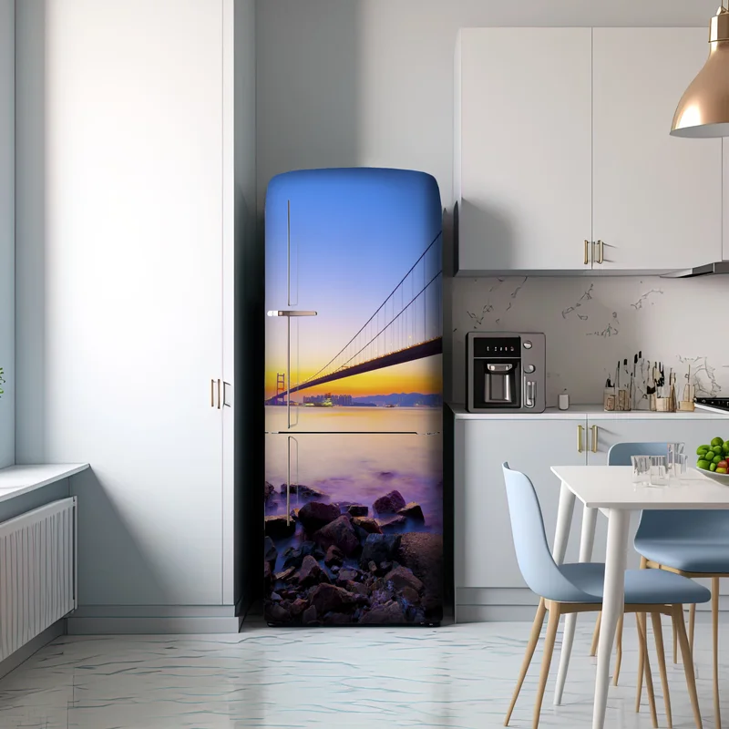 Kühlschrankaufkleber goldener sonnenuntergang über hängebrücke