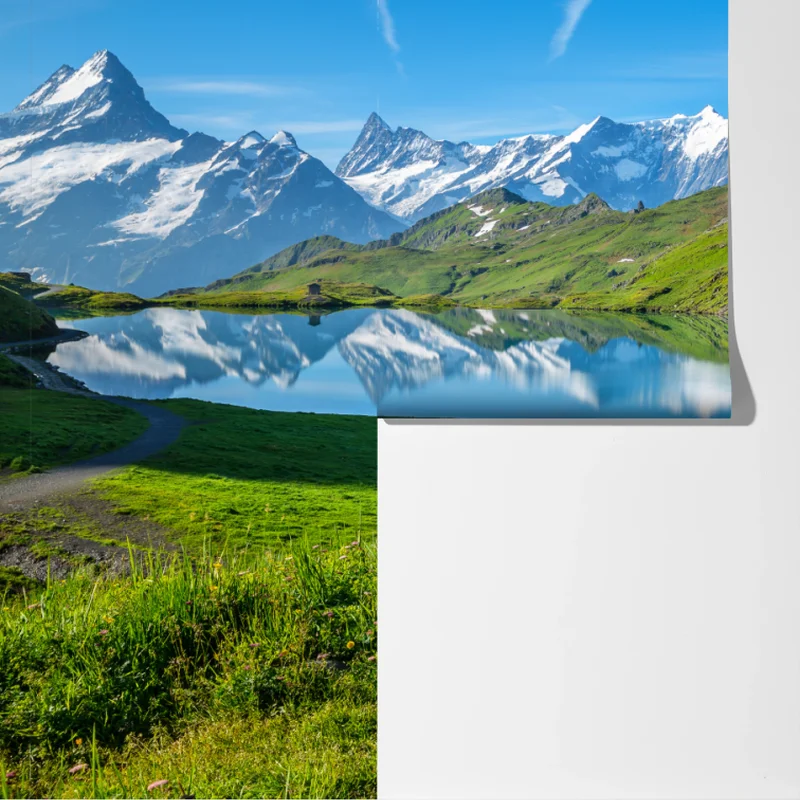 Fototapete alpensee mit hölzerner bank Fototapete alpensee mit hölzerner bank