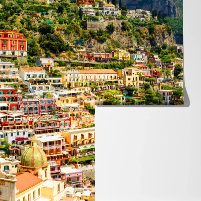 Fototapete bunte panoramaaufnahme eines küstenortes am hang Fototapete bunte panoramaaufnahme eines küstenortes am hang