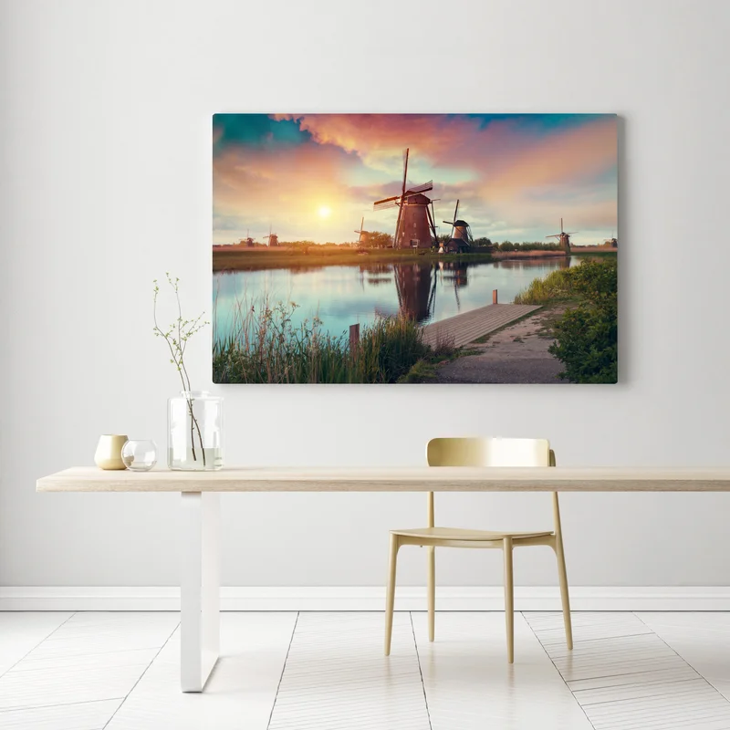 Leinwandbild sonnenuntergang über windmühlen in den Niederlanden Leinwandbild sonnenuntergang über windmühlen in den Niederlanden