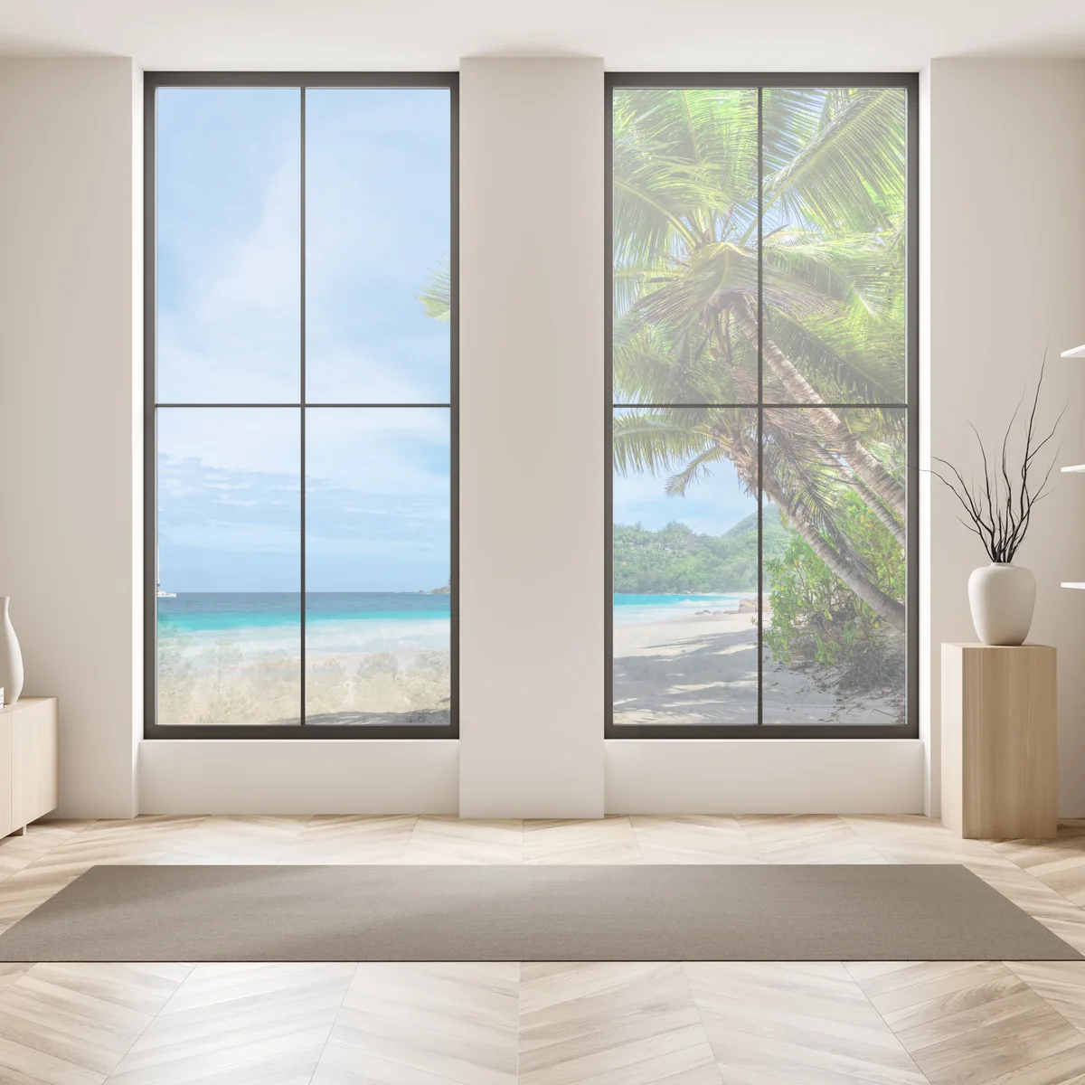 Fensteraufkleber tropischer strand mit palmen und segelboot Fensteraufkleber tropischer strand mit palmen und segelboot