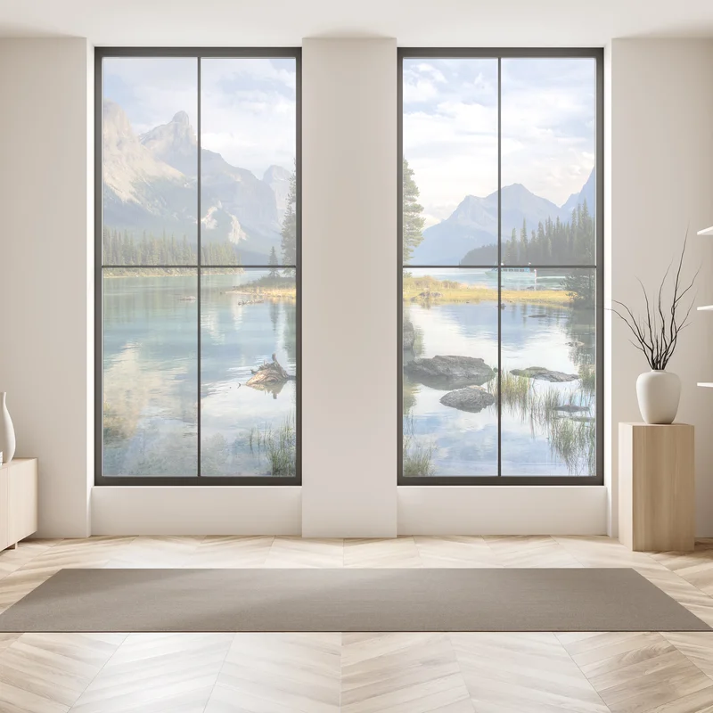 Fensteraufkleber ruhiger alpensee mit insel und bergen