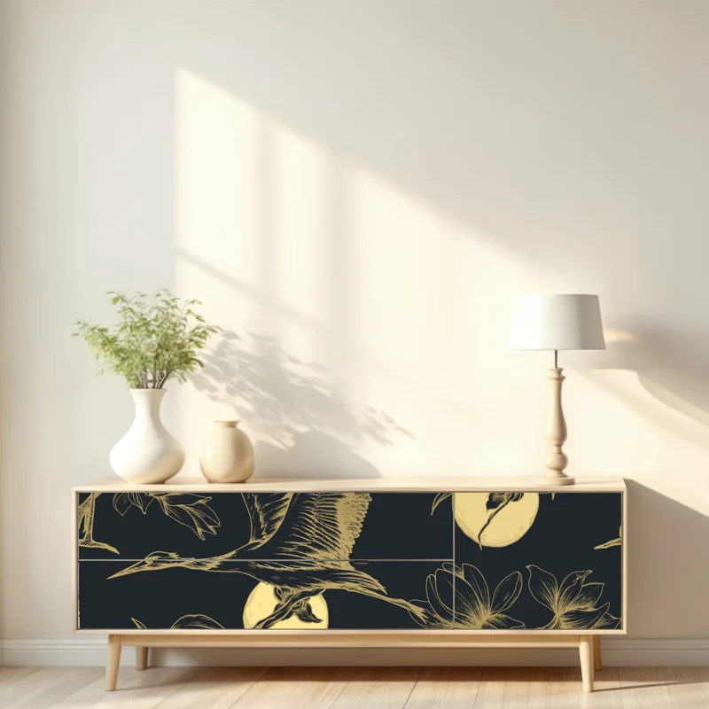 Repositionierbarer Aufkleber goldene kraniche und mondmuster