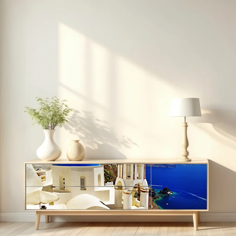 Repositionierbarer Aufkleber Santorini blaue kuppeln meerblick