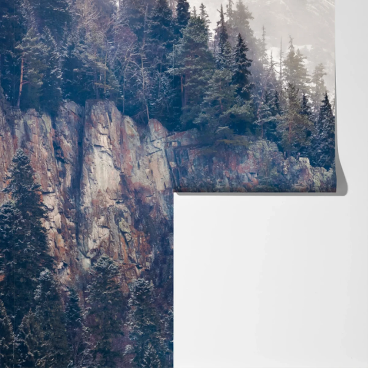 Fototapete nebliger berg mit felsklippe und kieferwald Fototapete nebliger berg mit felsklippe und kieferwald