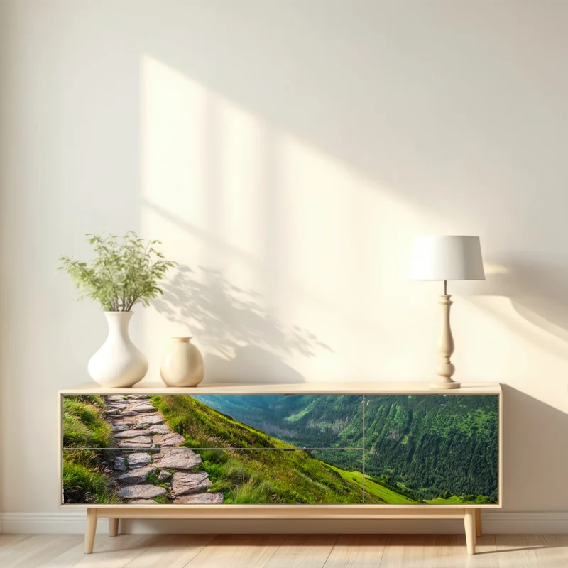 Repositionierbarer Aufkleber wanderpfad in der Tatra bei sonnenaufgang