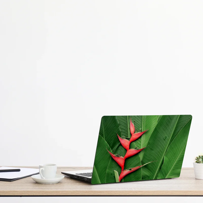 Laptop-Aufkleber leuchtende heliconia auf tropischen blättern Laptop-Aufkleber leuchtende heliconia auf tropischen blättern