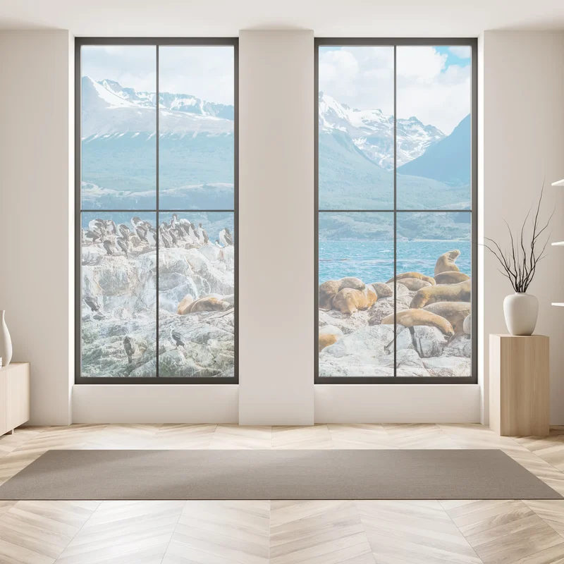 Fensteraufkleber seelöwen und seevögel an der felsküste