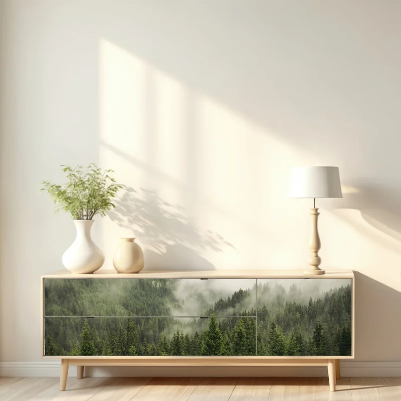 Repositionierbarer Aufkleber nebeliger nadelwald