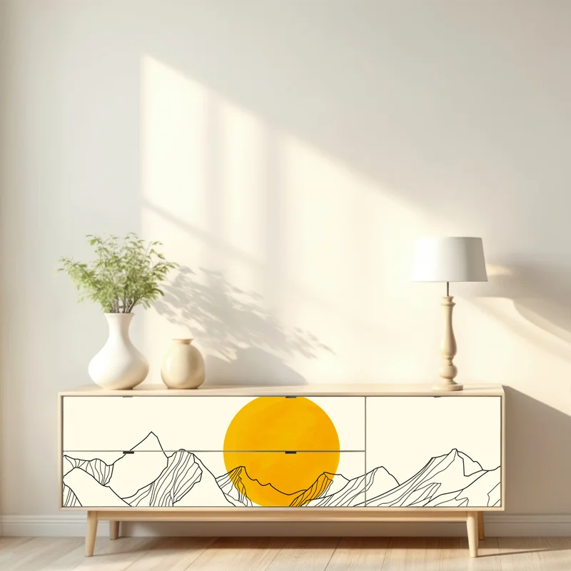 Repositionierbarer Aufkleber goldene sonne über minimalistischen bergen