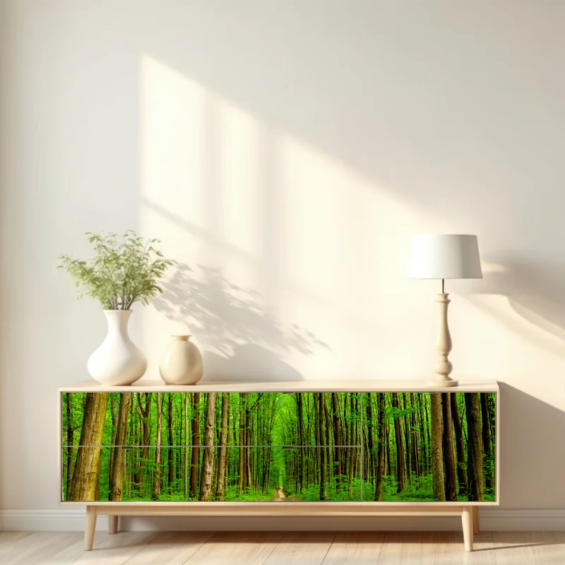 Repositionierbarer Aufkleber grüner waldweg im frühling