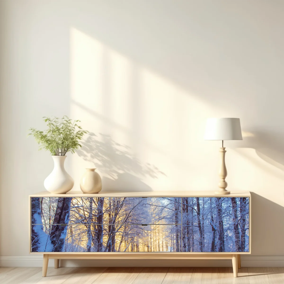 Repositionierbarer Aufkleber birkenwald im winter bei sonnenaufgang Repositionierbarer Aufkleber birkenwald im winter bei sonnenaufgang
