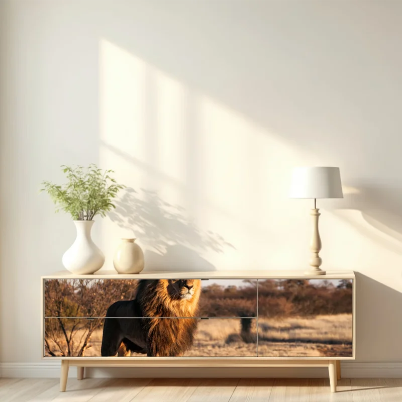 Repositionierbarer Aufkleber majestätischer löwe auf der savanne Repositionierbarer Aufkleber majestätischer löwe auf der savanne