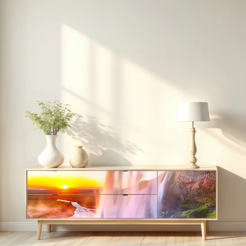 Repositionierbarer Aufkleber Seljalandsfoss wasserfall bei sonnenuntergang