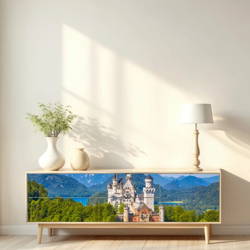 Repositionierbarer Aufkleber schloss Neuschwanstein in alpiner landschaft