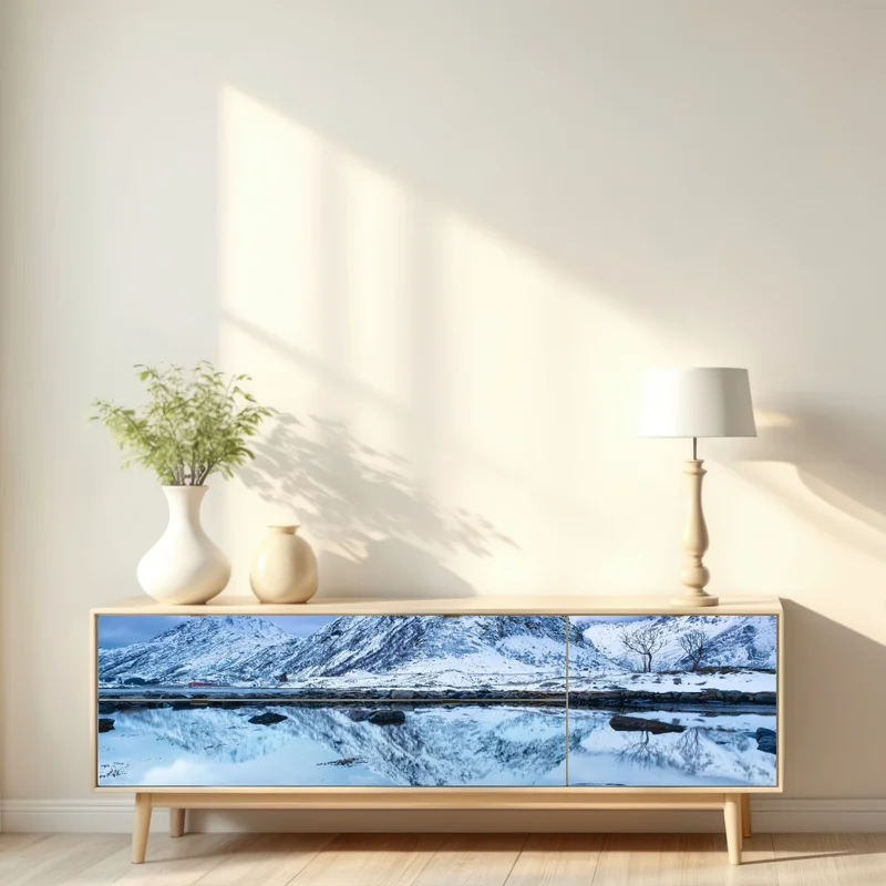 Repositionierbarer Aufkleber schneebedeckter berg gespiegelt auf ruhigem wasser, Norwegen Repositionierbarer Aufkleber schneebedeckter berg gespiegelt auf ruhigem wasser, Norwegen