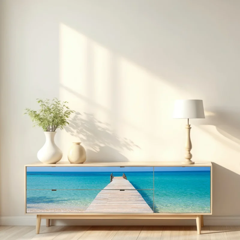 Repositionierbarer Aufkleber hölzerner steg zum türkisfarbenen meer