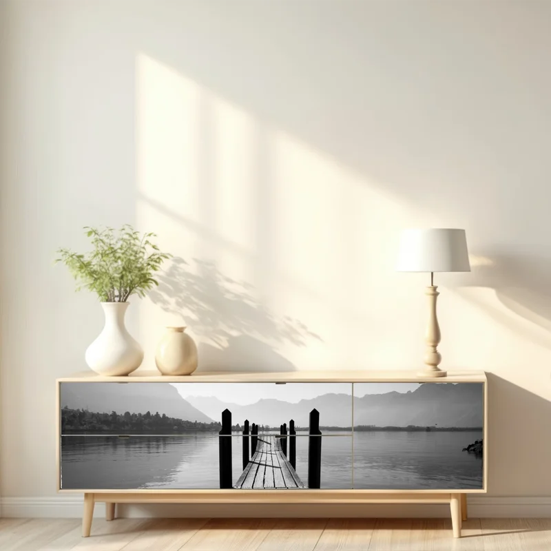 Repositionierbarer Aufkleber ruhiger steg am see in schwarzweiß