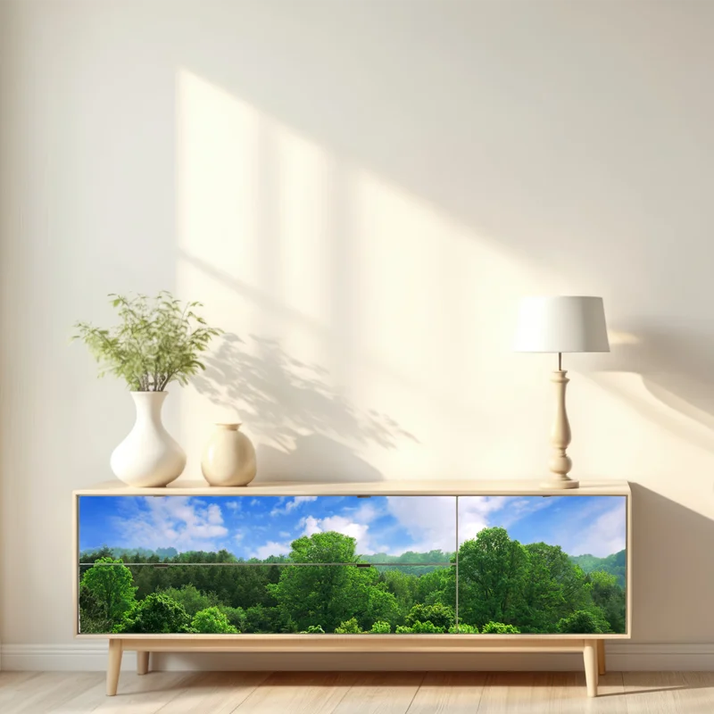 Repositionierbarer Aufkleber sommerlicher grüner wald unter blauem himmel Repositionierbarer Aufkleber sommerlicher grüner wald unter blauem himmel