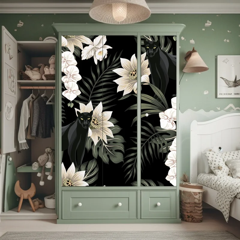 Schrankaufkleber botanisches muster mit schwarzem panther Schrankaufkleber botanisches muster mit schwarzem panther