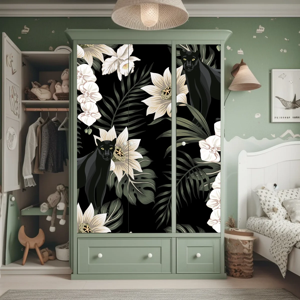 Schrankaufkleber botanisches muster mit schwarzem panther Schrankaufkleber botanisches muster mit schwarzem panther