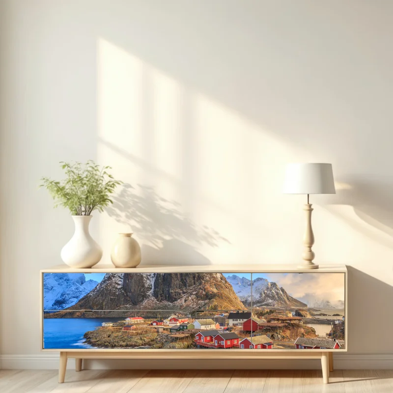 Repositionierbarer Aufkleber küstendorf in Norwegen mit roten fischerhütten