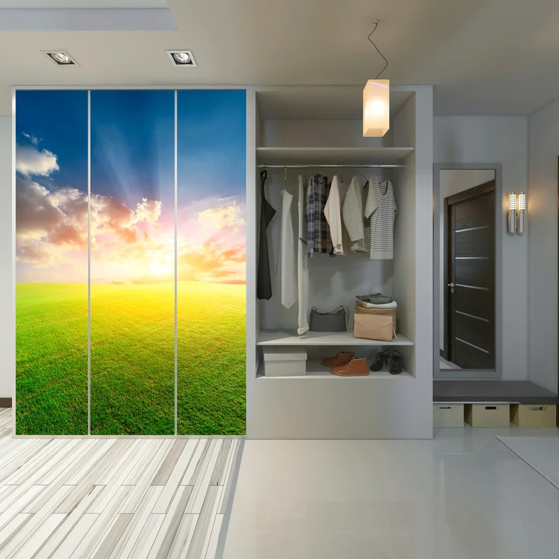 Schrankaufkleber sonnenbeschienene wiese bei sonnenuntergang