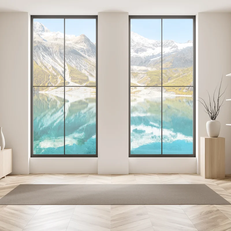 Fensteraufkleber ruhiger alpensee mit schneebedeckten gipfeln