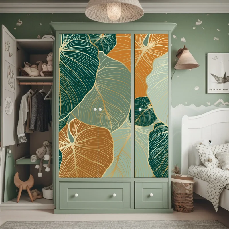 Schrankaufkleber türkis-goldenes botanisches blättermuster Schrankaufkleber türkis-goldenes botanisches blättermuster