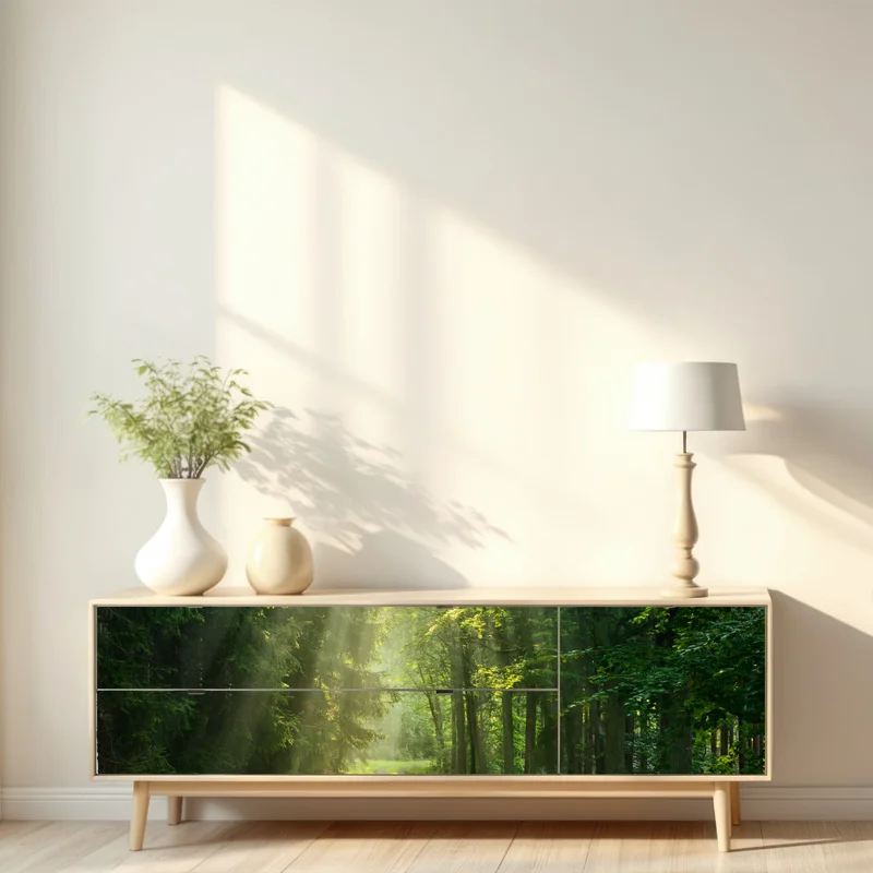 Repositionierbarer Aufkleber sonnenbeschienener waldpfad