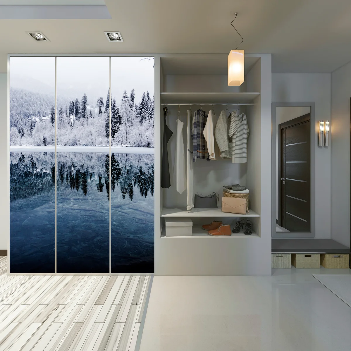 Schrankaufkleber winterlicher see mit spiegelung im verschneiten wald Schrankaufkleber winterlicher see mit spiegelung im verschneiten wald