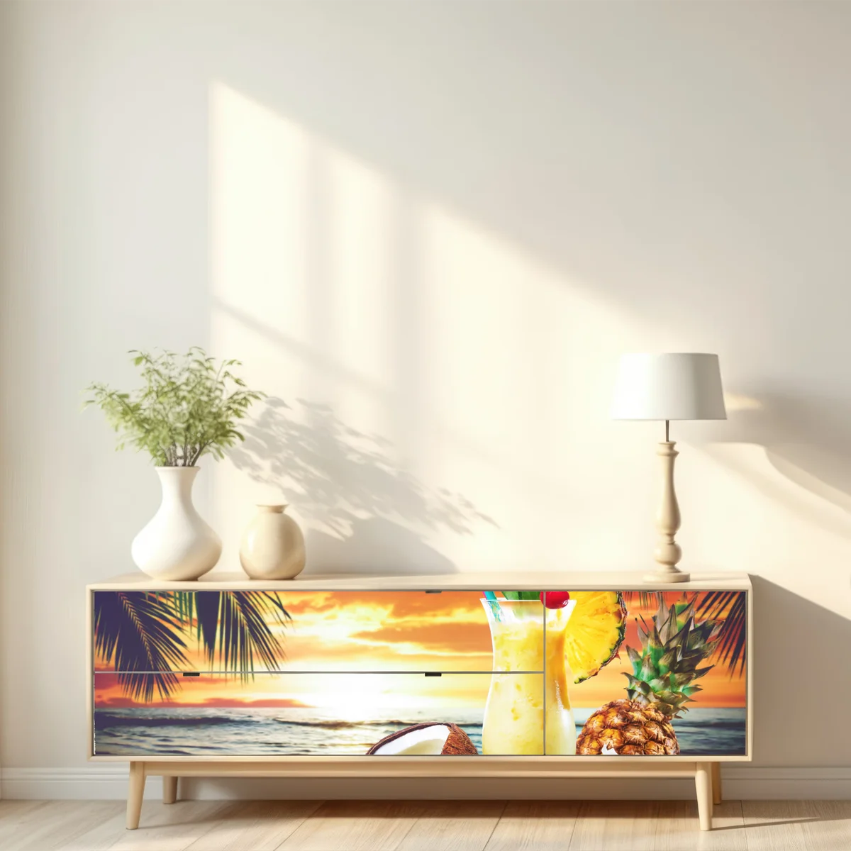 Repositionierbarer Aufkleber tropischer kokos-ananas-cocktail am strand bei sonnenuntergang Repositionierbarer Aufkleber tropischer kokos-ananas-cocktail am strand bei sonnenuntergang