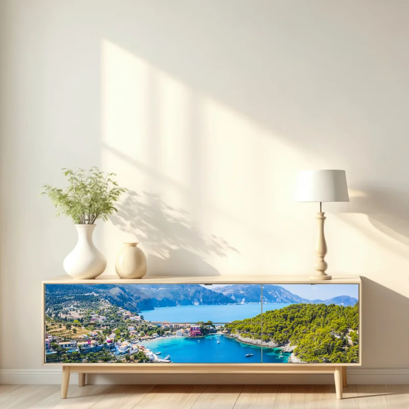 Repositionierbarer Aufkleber sonnige bucht mit türkisfarbenem wasser