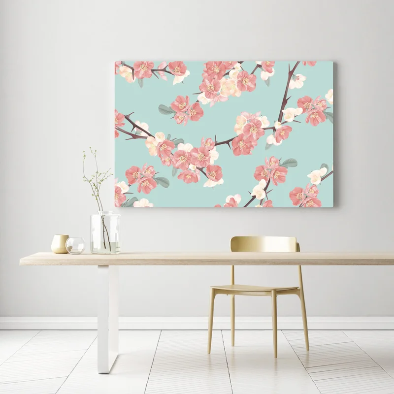 Leinwandbild pastelliges kirschblütenmuster auf mintfarbenem hintergrund Leinwandbild pastelliges kirschblütenmuster auf mintfarbenem hintergrund
