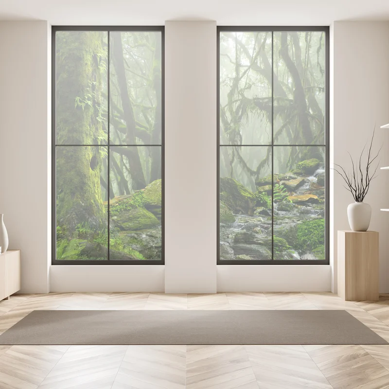 Fensteraufkleber moosiger wald mit bach im nebel