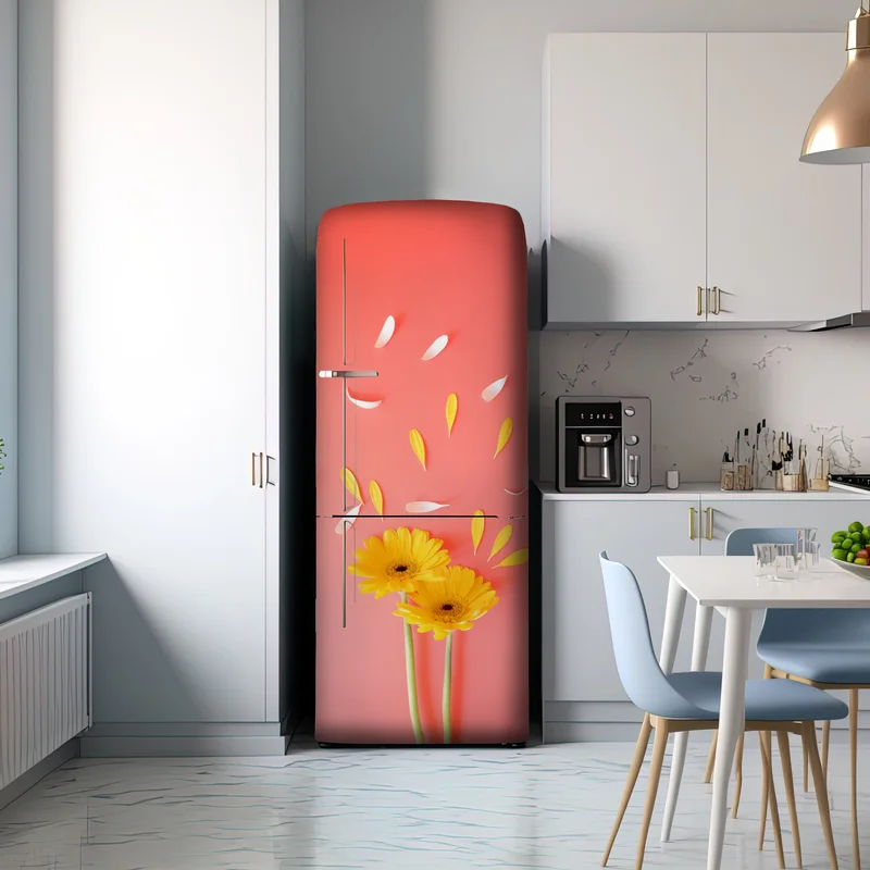 Kühlschrankaufkleber sonnige gelbe gerbera auf korallfarbenem hintergrund