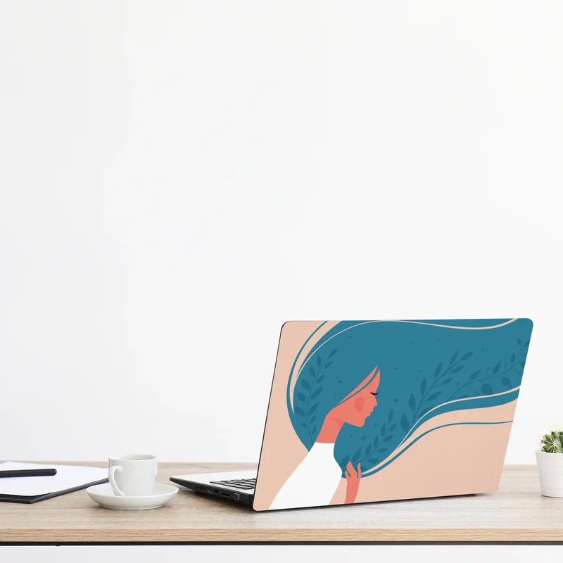 Naklejka na laptopa spokojny kwiatowy profil z falującymi włosami Naklejka na laptopa spokojny kwiatowy profil z falującymi włosami