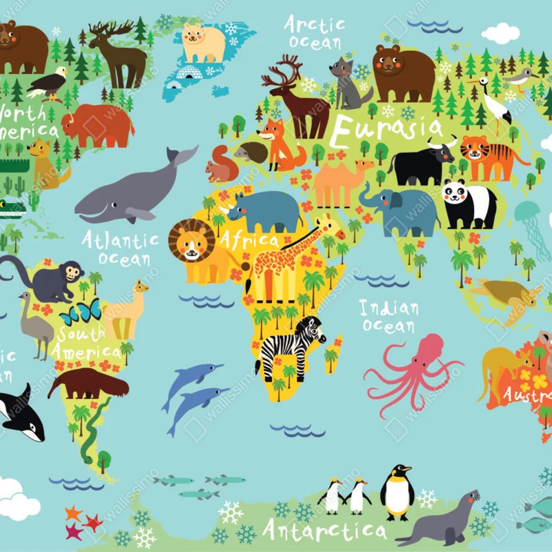Fototapete niedliche weltkarte mit tieren Fototapete niedliche weltkarte mit tieren