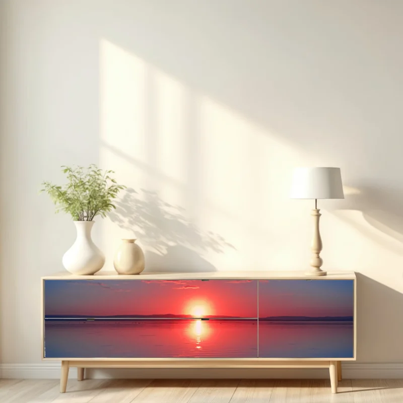 Repositionierbarer Aufkleber sonnenuntergang über ruhigem meer mit lebendiger spiegelung