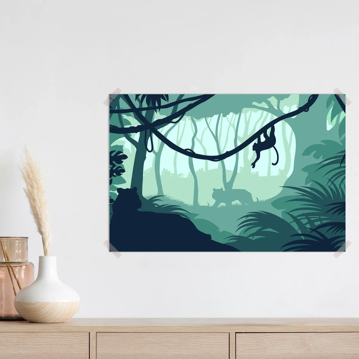 Poster Grüne Dschungel-Landschaft. Silhouette des Regenwaldes. Waldpanorama mit Tigern und Affen. Tropischer horizontaler Hintergrund. Vektorillustration • Poster bei Wallnifity® Poster Grüne Dschungel-Landschaft. Silhouette des Regenwaldes. Waldpanorama mit Tigern und Affen. Tropischer horizontaler Hintergrund. Vektorillustration • Poster bei Wallnifity®