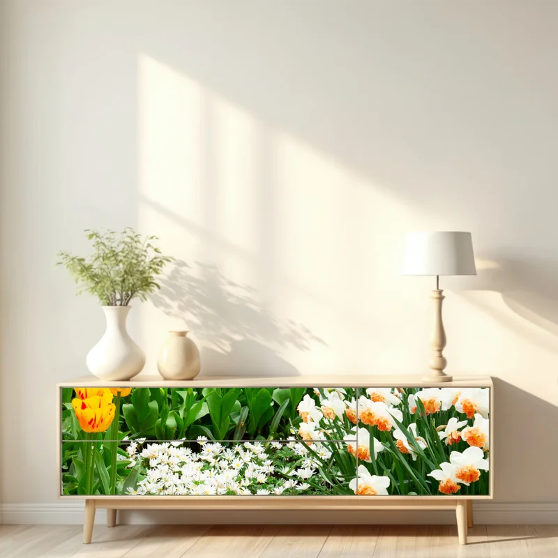 Repositionierbarer Aufkleber lebendiger frühlingsblumengarten