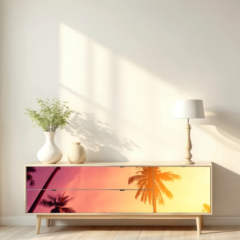 Repositionierbarer Aufkleber tropischer sonnenuntergang mit palmen