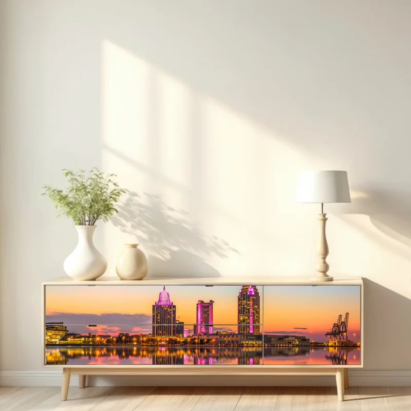 Repositionierbarer Aufkleber panorama von Mobile bei sonnenuntergang