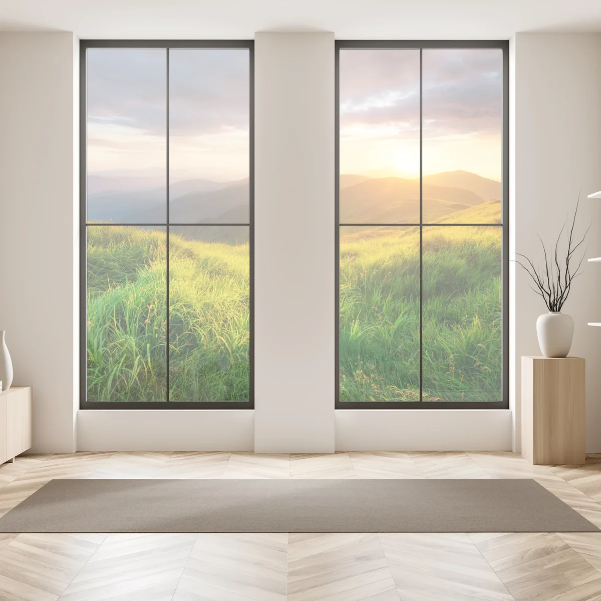 Fensteraufkleber sonnige bergwiese bei sonnenaufgang Fensteraufkleber sonnige bergwiese bei sonnenaufgang