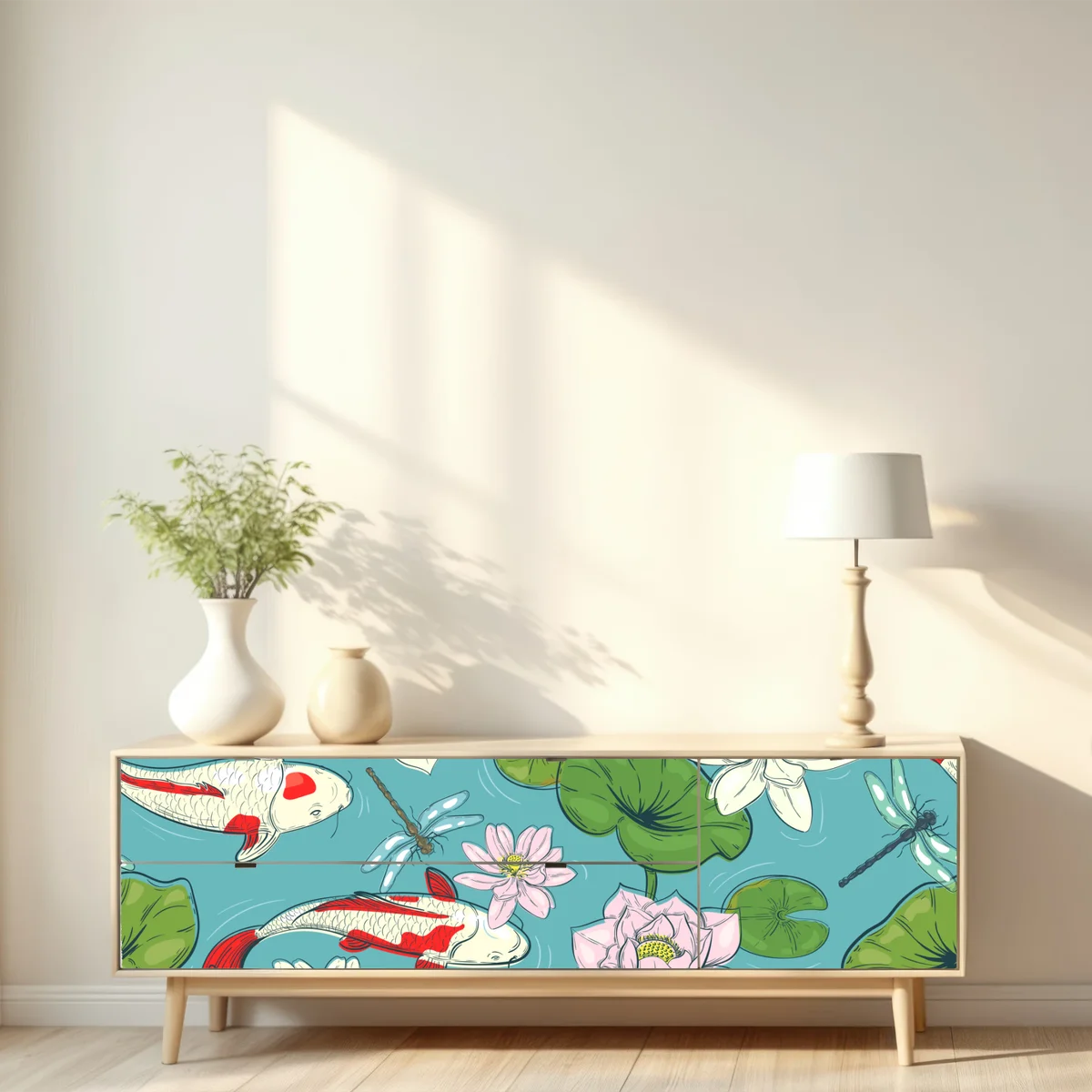 Repositionierbarer Aufkleber ruhiger koi-teich mit lotuspflanzen Repositionierbarer Aufkleber ruhiger koi-teich mit lotuspflanzen