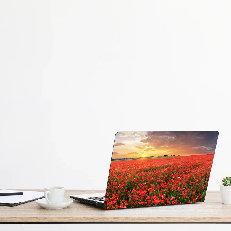 Naklejka na laptopa pole maków o zachodzie słońca