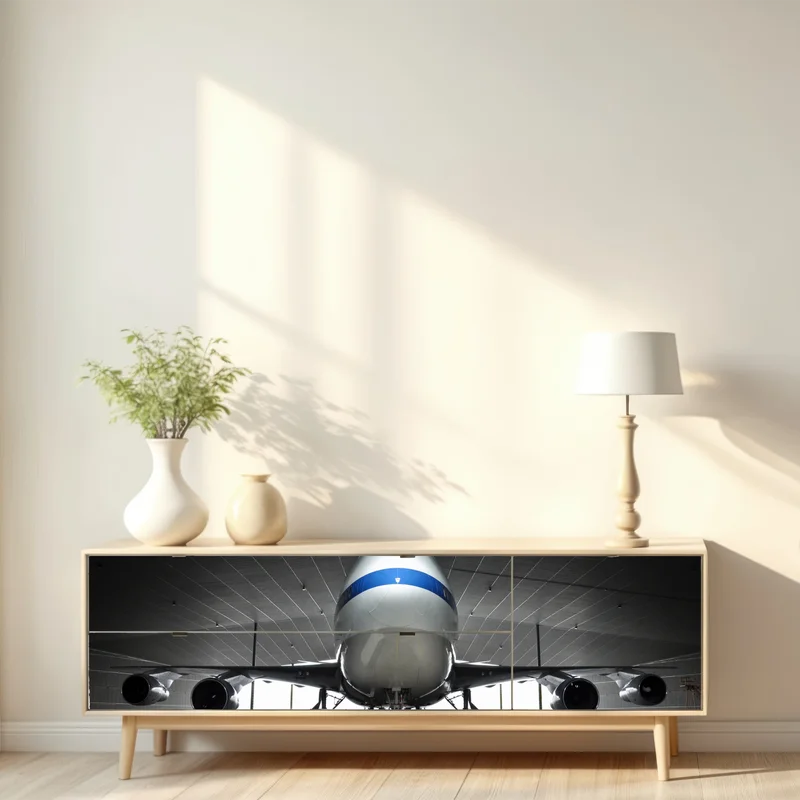 Repositionierbarer Aufkleber frachter im hangar - frontansicht des jets Repositionierbarer Aufkleber frachter im hangar - frontansicht des jets